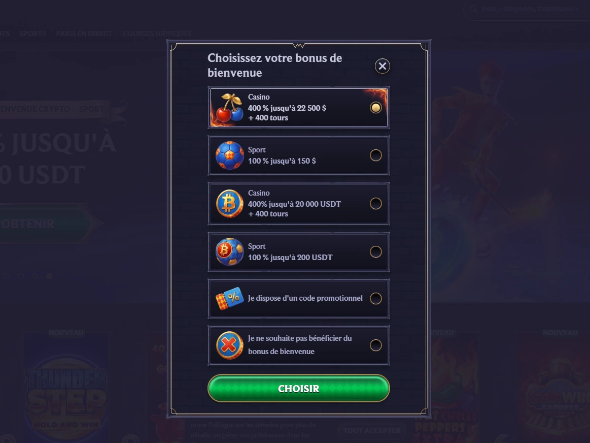 Capture de la fenêtre Choisissez votre bonus de bienvenue avec offres casino, sport et crypto