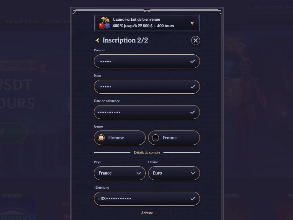 Formulaire d’inscription 2 sur 2 avec identité, genre, pays France et devise Euro sélectionnés