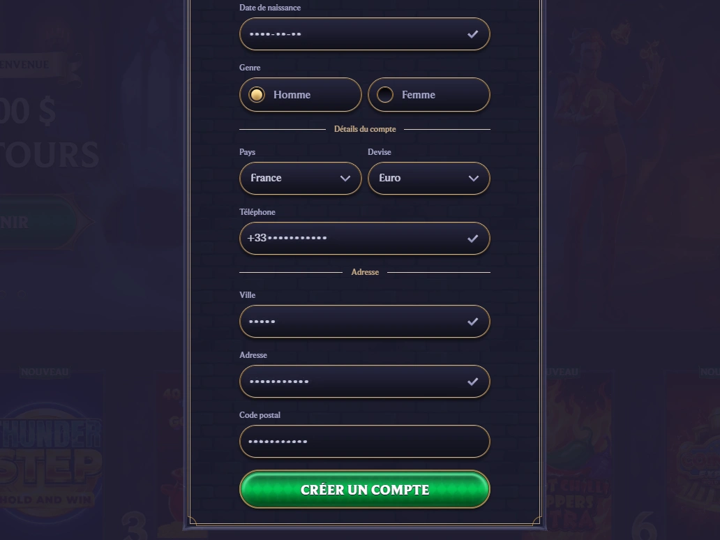 Formulaire d’adresse avec champs ville, adresse et code postal, bouton Créer un compte visible